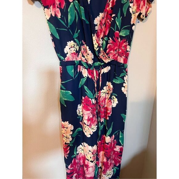 Lulus Size M Floral Surplice Jumpsuit Navy Blue Red Flower Tropical Tie Waist - Picture 7 of 12